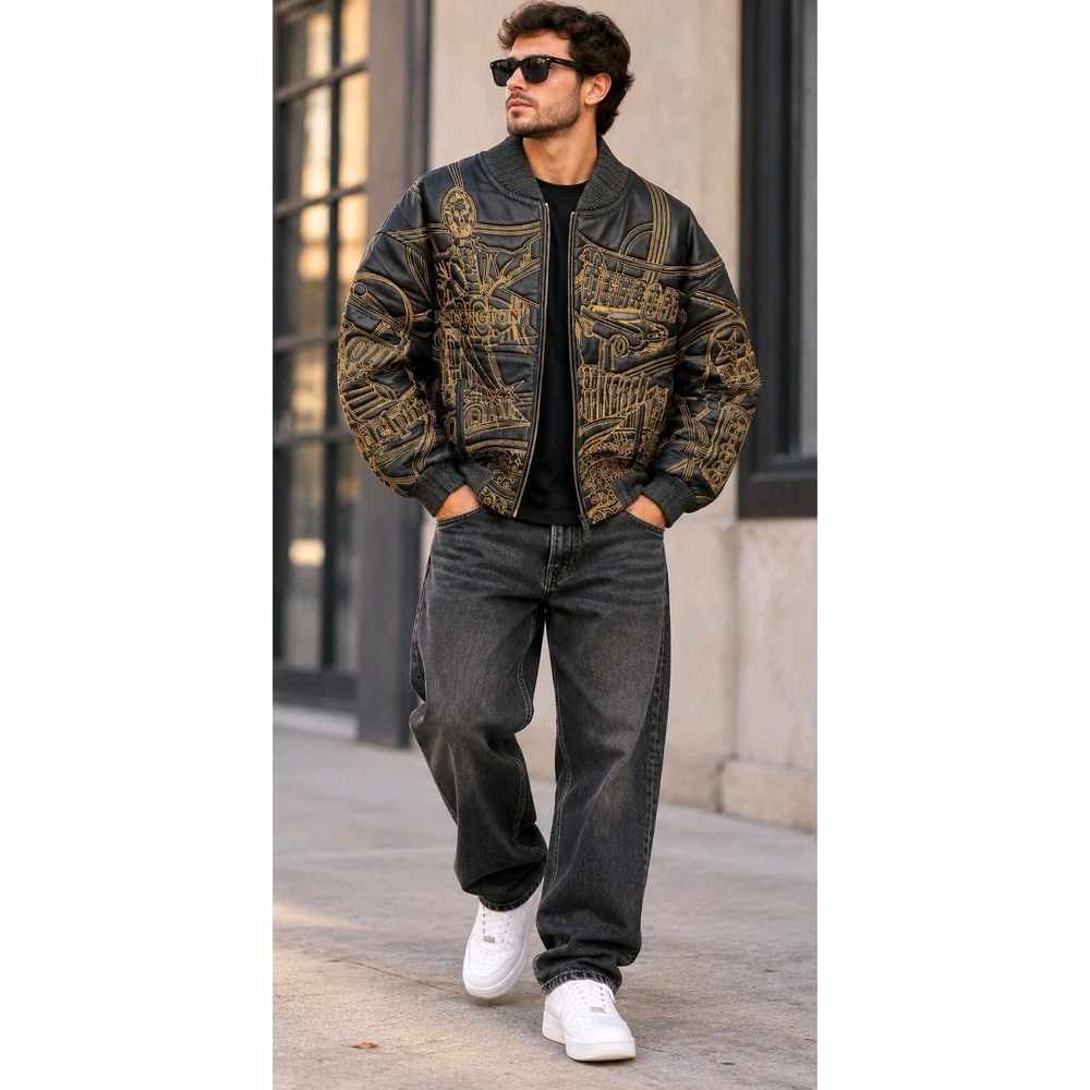 Tanners Avenue Leather Jacket L Black Gold Embroidered Y2K Hip Hop Bomber
